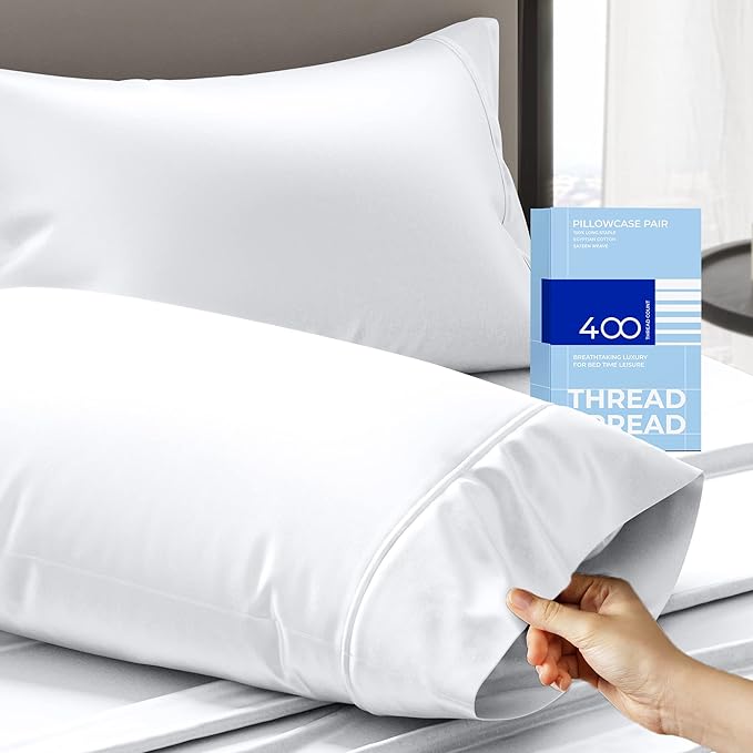 THREAD SPREAD 100% Cotton Pillowcases Standard/Queen Size Sets of 2-400 Thread Count White Cotton Pillowcases, Ultra Soft Cooling Sateen Weave Pillow Cases for Sleeping, Sets of 2 Pillow Covers