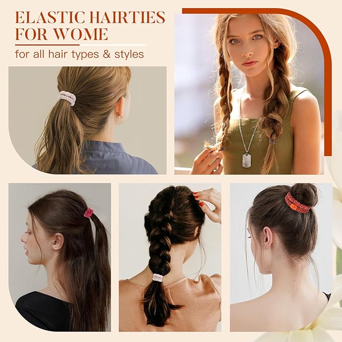 Braided Hair Ties No Damage, Soft Plush Hair Elastics, Ponytail Holders & Hair Bands for Women & Girls, Thick Hair, Stretch Wrist Bracelet Ties, Gentle All-Day Hold, Set of 10 - Ember Glow