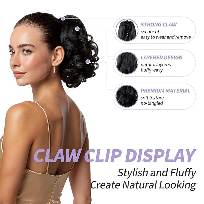 Brown Ponytail Extensions,9" Short Curly Wavy Claw Clip in Ponytails Hair Extensions Natural Soft Synthetic Hairpiece for Women