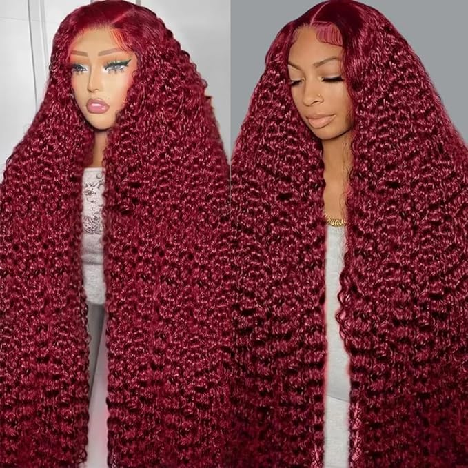 38 Inch 99J Burgundy 13x6 Lace Front Wigs Human Hair Red Burgundy Wig 200% Density Deep Wave Lace Front Wigs Human Hair Pre Plucked Glueless HD Lace Frontal Wigs for Women