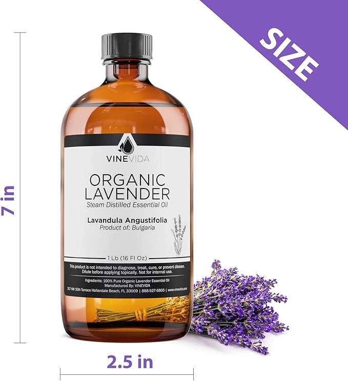 VINEVIDA Organic Lavender Essential Oil 16 oz - Undiluted, Organic Lavender Candle Oil Scent - DIY Candle Scents for Candlemaking - Bulk Essential Oil for Soap Making