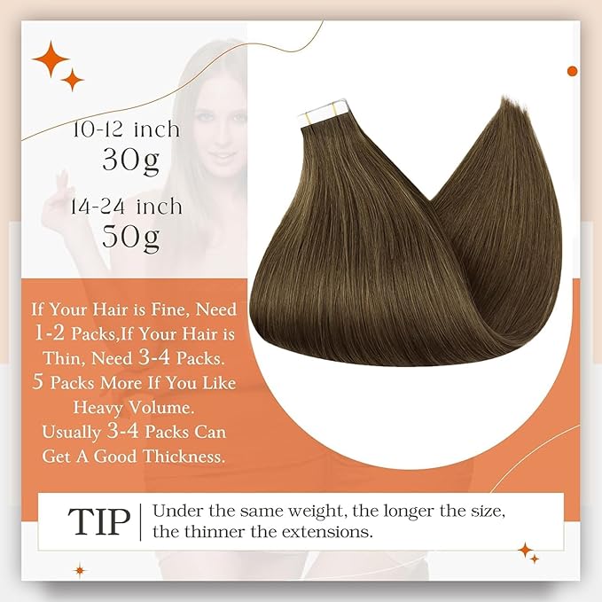 Full Shine Brown Tape in Hair Extensions Color 3 Brown Tape in Extensions Human Hair 22Inch Remy Seamless Invisible Skin Weft Cuticles Aligned 40Pcs for Women Daily Office Look 100G