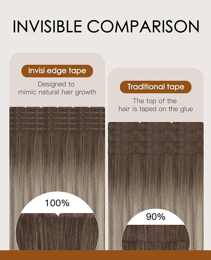 VINBAO Invisible Injected Tape in Hair Extensions Human Hair Balayage Ash Brown and Blonde Mixed with Ash Blonde Invisi Edge Tape in Hair Extensions 20pcs 45g 16inch #8/60/18
