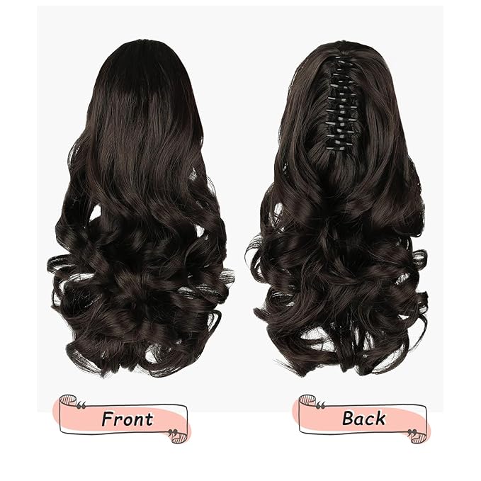 Ponytail Extension, Clip on Ponytails for Women, 12" Claw Clip in Short Curly Wavy Pony Hair Extension for Women - Darkest Brown