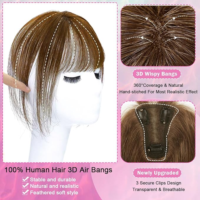 Hair Toppers for Women Real Human Hair 3D Cover Human Topper with Bangs Wispy Bangs Extensions Clip in Bangs for Daily Wear Chocolate Brown