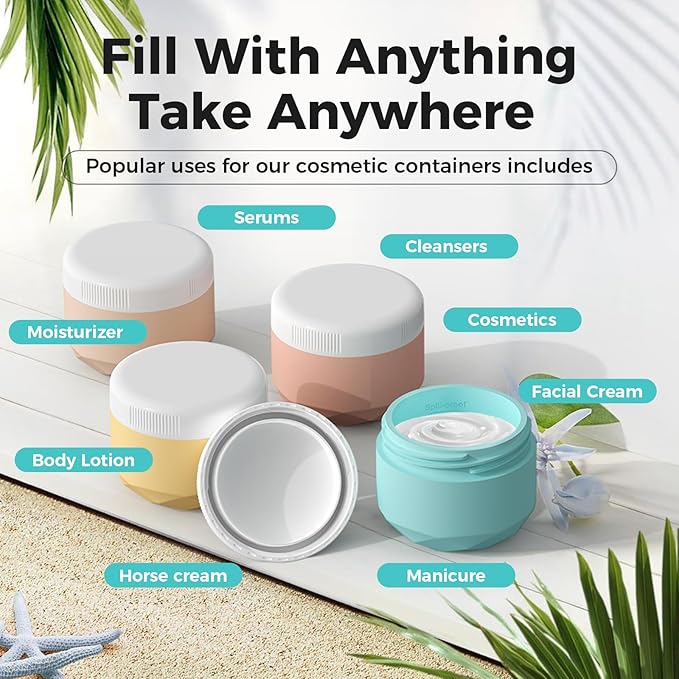 Travel Containers for Toiletries, 4-Pack TSA Approved Silicone Jars (1oz) - BPA Free Leakproof Cosmetic Containers for Creams, Lotion, Skincare & Makeup with Bonus Waterproof Bag