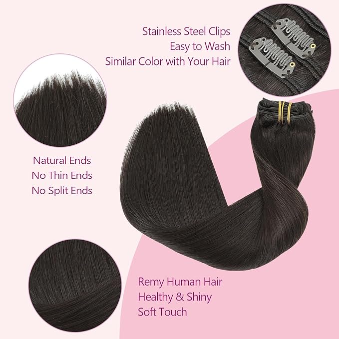 PINKPEARL Human Hair Extensions Clip ins 16inch Clip in Hair Extensions #2 Dark Brown Real Human Hair Clip on 120g 7pcs Remy Hair Clip ins for Women(#2-16)