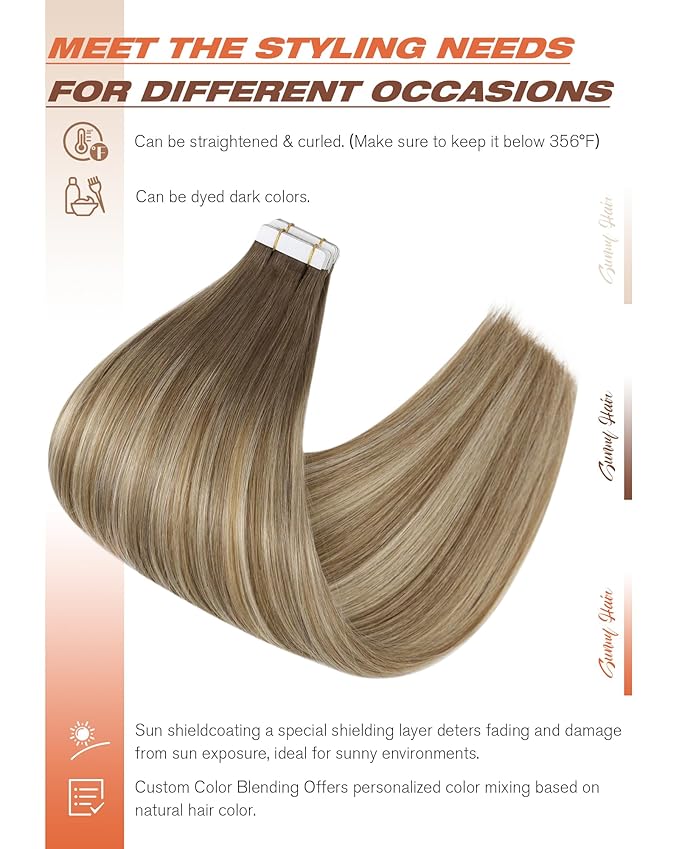 Sunny Hair Tape in Hair Extensions Human Hair, Human Hair Tape in Extensions Light Brown Balayage Blonde Hair Extensions Real Human Hair Tape in 18Inch 50g