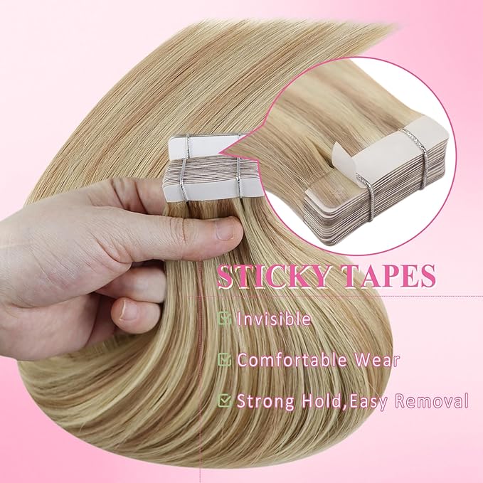 YoungSee Tape in Hair Extensions Human Hair Blonde Highlight Seamless Tape-in Hair Extensions Human Hair Light Blonde with Strawberry Blond Tape Extension Real Hair for Girls 14 Inch 20pcs 50g