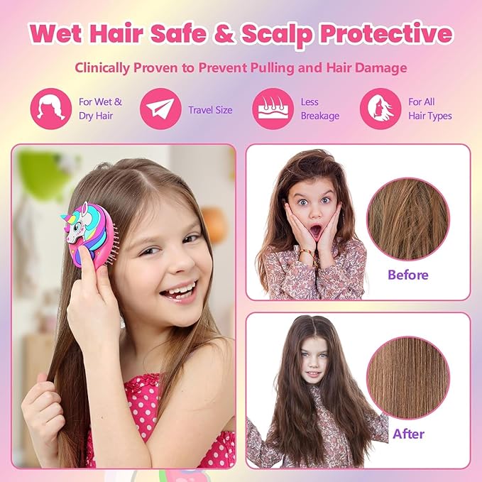 Toddler Hair Brush for Toddler Girls & Kids Ages 2-4+, Pink Mini Unicorn Hairbrush, Gentle Detangling brush, Wet & Dry Hair, Soft Ball-Tip Bristles for Sensitive Scalp, Travel-Friendly