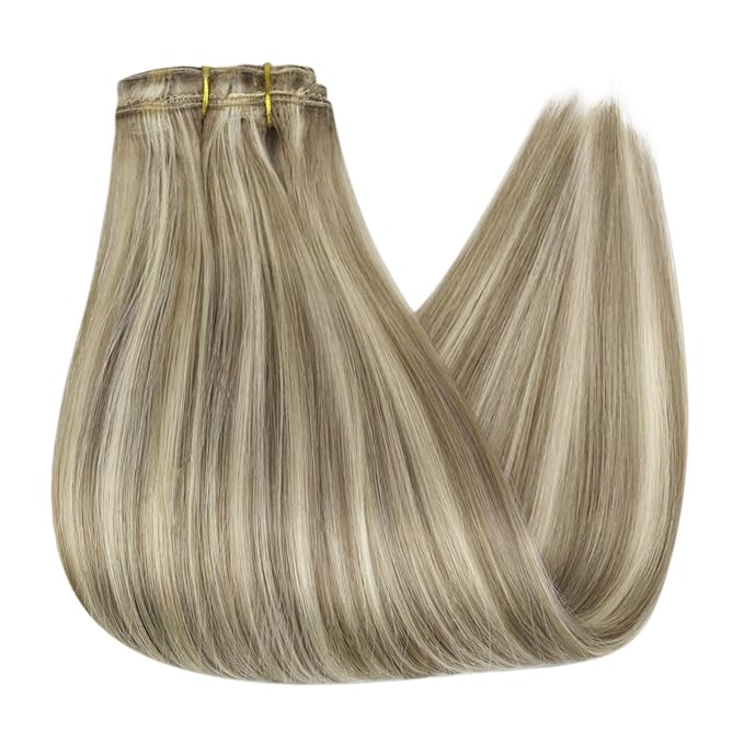 Full Shine Clip in Hair Extensions Real Human Hair 20 Inch Ash Blonde hair extensions Ash Brown With Blonde Remy Hair Extensions Highlights Human Hair Straight Long Remy Hair 3Pcs 60G
