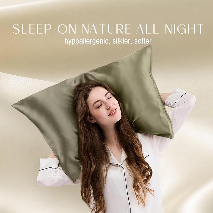 ZIMASILK 100% Pure Mulberry Silk Pillowcase for Hair and Skin Health,Soft and Smooth,Both Sides Premium Grade 6A Silk,600 Thread Count,with Hidden Zipper,1pc (King 20''x36'',Olive Grey)