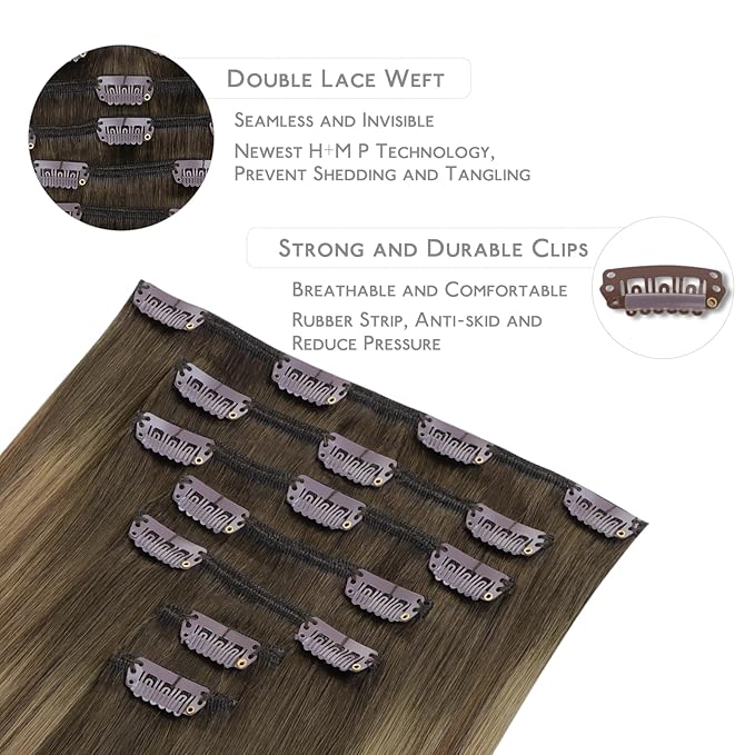 WENNALIFE Clip in Hair Extensions Real Human Hair, 20 Inch 120g 7pcs Human Hair Extensions Clip In Human Hair, Light Ash Brown to Warm Chocolate Highlighted Caramel Blonde Hair Extensions Clip In Real