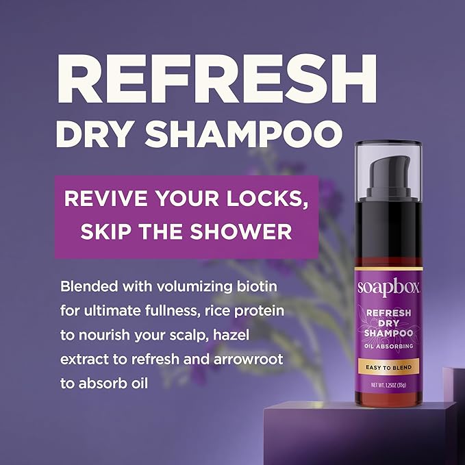 Soapbox Dry Shampoo Powder - Non Aerosol Dry Shampoo Hair Powder - Hair Volumizer with Biotin, Rice Protein & Hazel Extract - Travel Size, Non-Aerosol & Vegan - 1.25oz