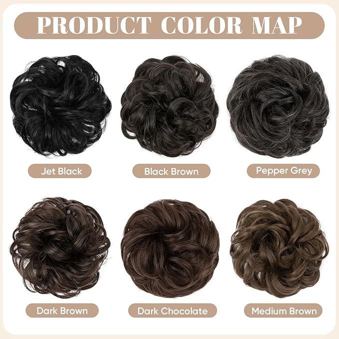 SARLA 2PCS Messy Hair Bun Hair Pieces Wavy Curly Synthetic Updo Fake Scrunchies Ponytail Extension for Women Dark Brown