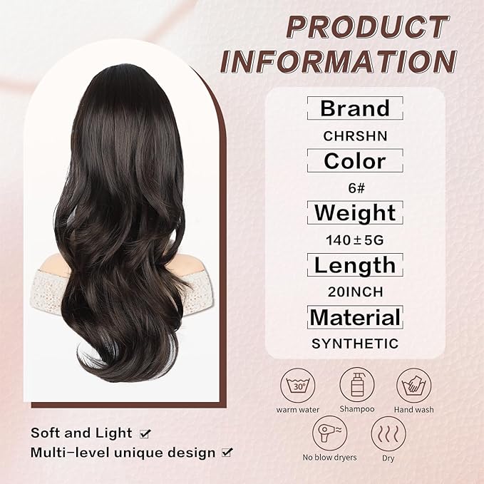 Ponytail Extension, Drawstring Ponytail Extension for Women Long Black Brown Wavy Pony Tails Hair Extensions Synthetic Wavy Clip in Ponytail Hairpiece for Women