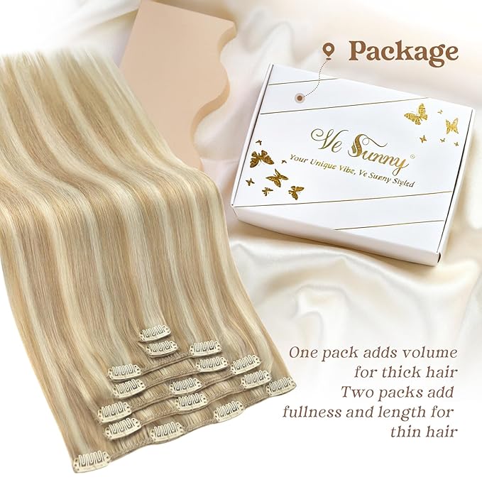 Ve Sunny Blonde Clip in Hair Extensions Human Hair Clip in Extensions Highlight Caramel Blonde with Platinum Blonde Real Hair Extensions Clip in Human Hair Any Occasion 120g 24 Inch