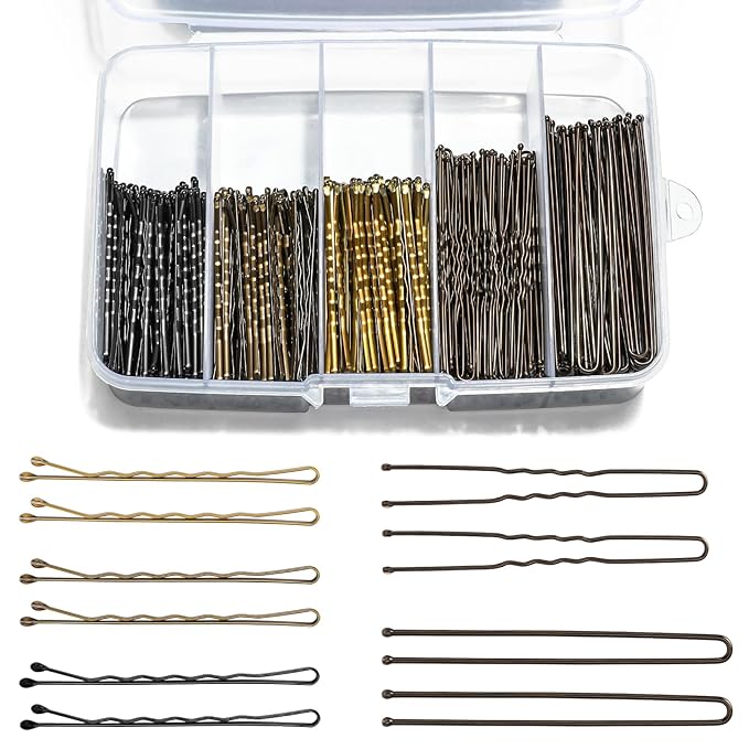 Bobby Pins and Hair Pins Combo Box 480PCS, Black Brown Gold Bobby Pins and U Shape Hair Pins Brown for Women, 2" 2.4" and 2.6" Bulk