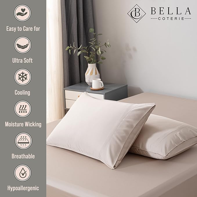Bella Coterie | Luxury Bamboo Viscose Queen Size Pillowcase Set | 100% Organically Grown | Ultra Soft | Cooling | 2 Pcs [Dune]
