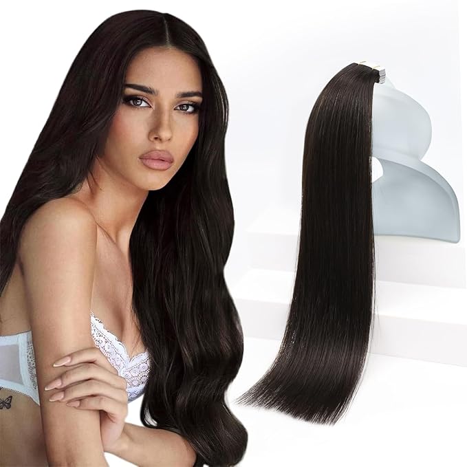 Sunny Hair Tape in Hair Extensions Real Human Hair Invisible Remy Hair Extensions Tape ins for Women Darkest Brown 20 inch 20Pcs 50G