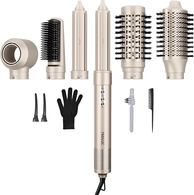 7MAGIC 6 in 1 Multi Hair Styler Dryer Brush, 110,000 RPM High-Speed, Negative Ionic, Fast Drying for Professional Blow Dry, Curling, Volumizing, Straightening and Styling, Gold