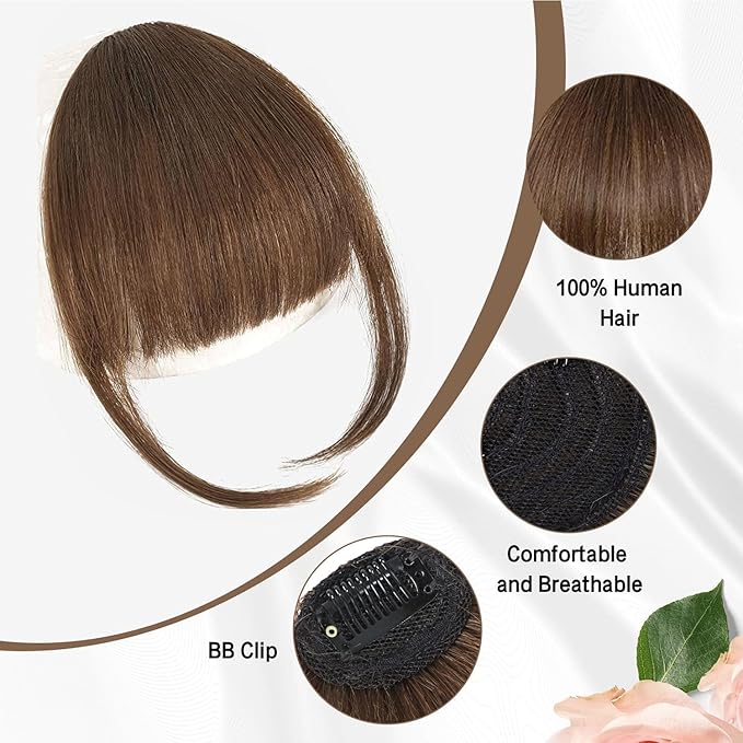 BOGSEA Clip in Bangs 100% Human Hair Bangs with Temples Bangs Hairpieces for Women Clip in Fake Bangs for Daily Wear (Medium Reddish Brown, French Bangs)