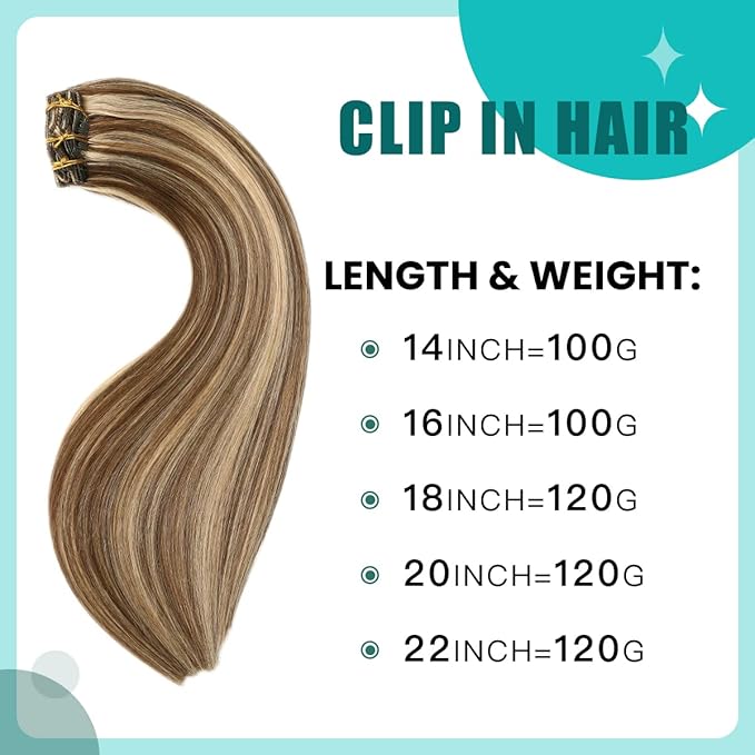SURNEL Real Hair Extensions Clip in Human Hair 14 Inch Chocolate Brown and Caramel Blonde Clip in Hair Extensions 6pcs 100g(#4P27,14'')