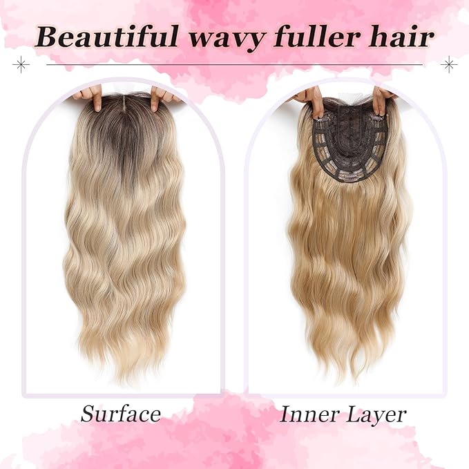 Hair Topper, 360° 3D Hair Toppers for Women with Thinning Crown, 20 Inch Long Wavy Curly Hair Pieces Clip in Bangs (Highlights Champagne Blonde with Brown Root, 20 inch, Side Bangs)