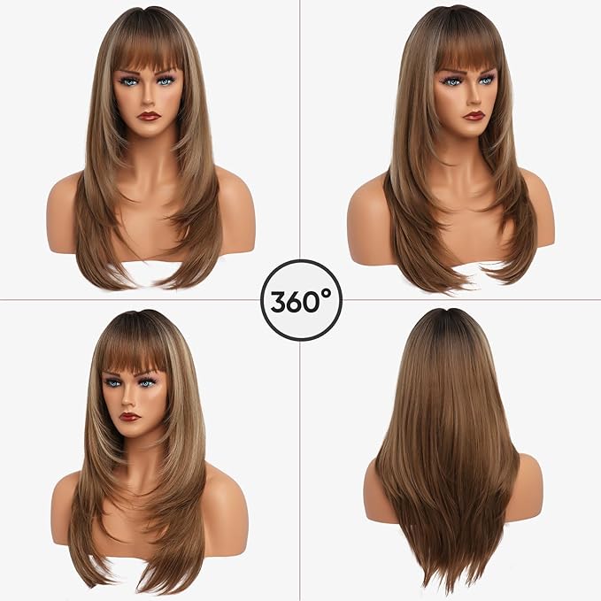 Ombre Light Brown Wig With Bangs Long Wavy Straight Wig with Layered Hair Synthetic Heat Resistant Wigs for Women Daily Party Use 26 Inches