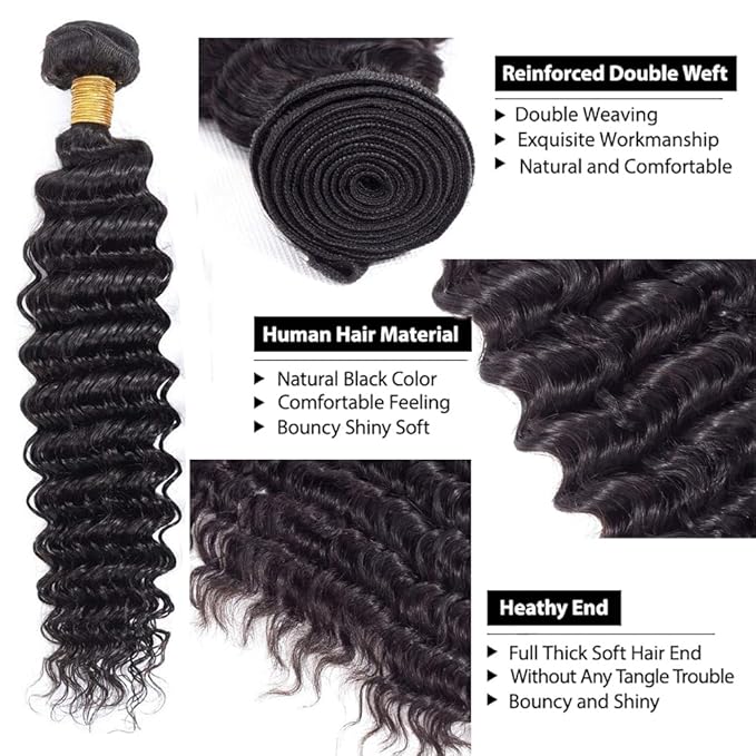 Deep Wave Bundles Human Hair Color 1B Bundle Brazilian Virgin Soft and Silky Remy Hair 3 Bundles 22 24 26 Inch Niegmeag Double Weft Natural Black Deep Wave Bundle 300g