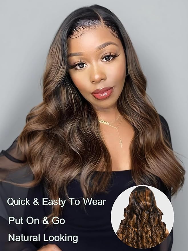 Julia Hair Bye Bye Knots Glueless Wig Highlight Balayage Brown Body Wave 7x5 Pre Cut HD Lace Front Wigs Human Hair Pre Plucked Bleached Knots Pre Everything Ready To Go Ombre Wig 22 Inch