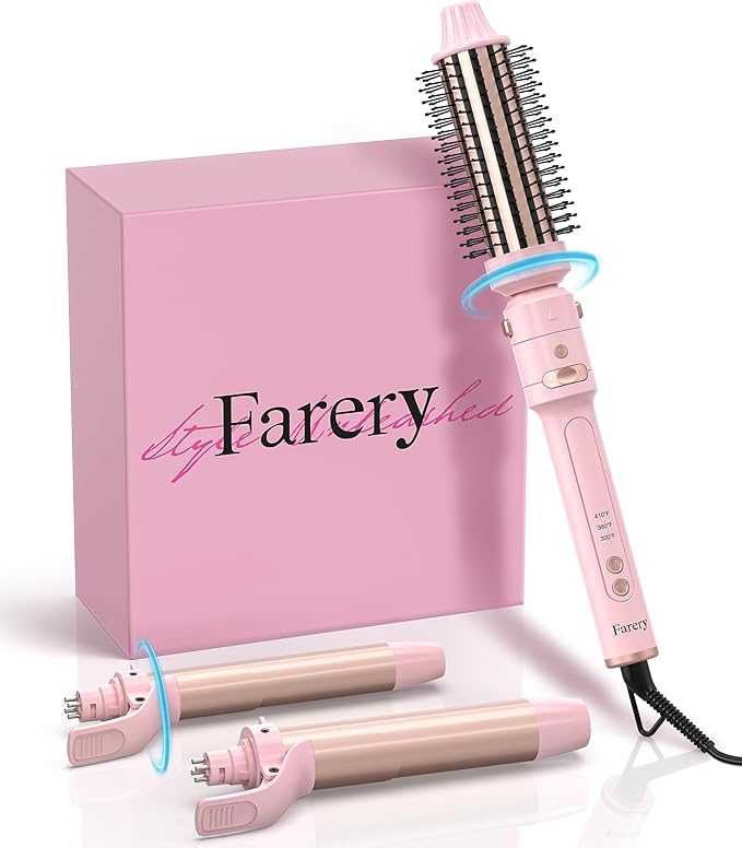 Farery 3-in-1 Interchangeable Automatic Rotating Curling Iron & Thermal Brush Set, 1'' /1.25'' Curling Iron, Automatic Hair Curler with 1.5'' Heating Round Curling Brush, 3 Temps Adjustable 300-410°F