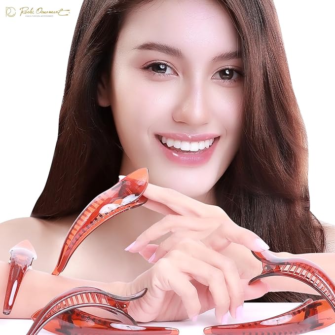 RC ROCHE 6 Pcs Duck Bill Alligator Hair Clips for Women Sectioning Flat Claw Long Thick Hair Inner Teeth Curved Styling Jaw Strong Secure Grip Salon, Medium Brown