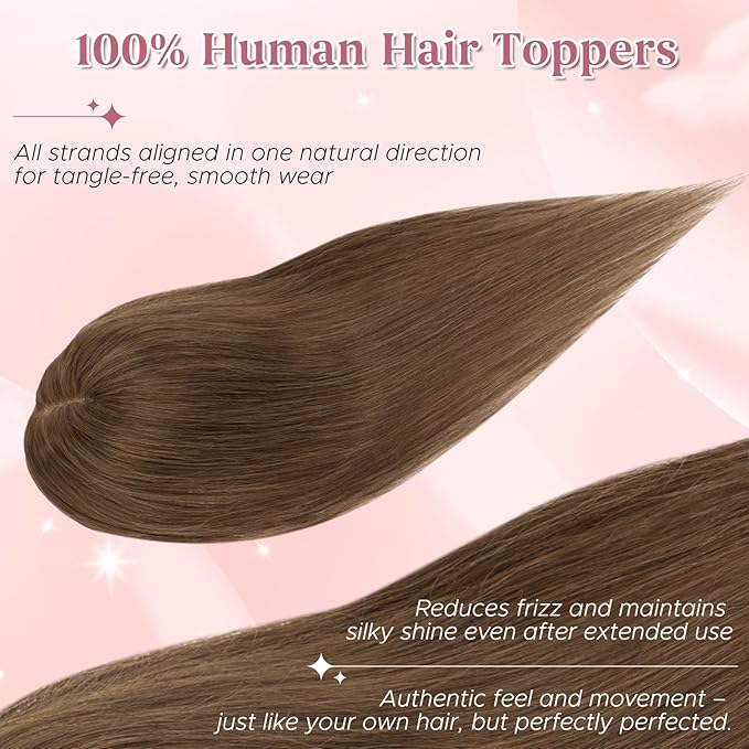 Real Human Hair Toppers for Women 3.54"*4.72" Silky Base 150% Density No Bangs Adjustable Parting Clip-In Topper Hairpieces for Women with Thinning Hair 16 Inches Medium Brown