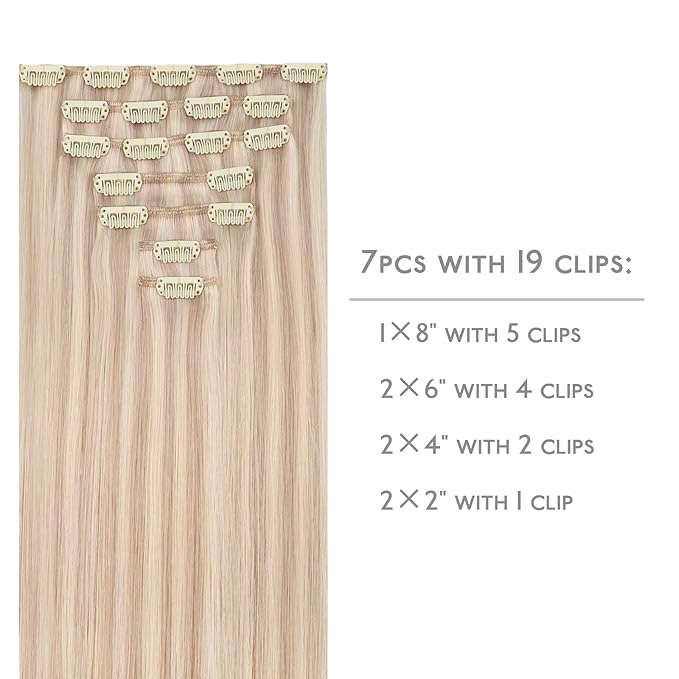 WENNALIFE Clip in Hair Extensions Real Human Hair, 20 Inch 120g 7pcs Balayage Light Wheat Platinum Blonde Remy Hair Straight Natural Extensiones De Cabello Humano Con Clip Ins