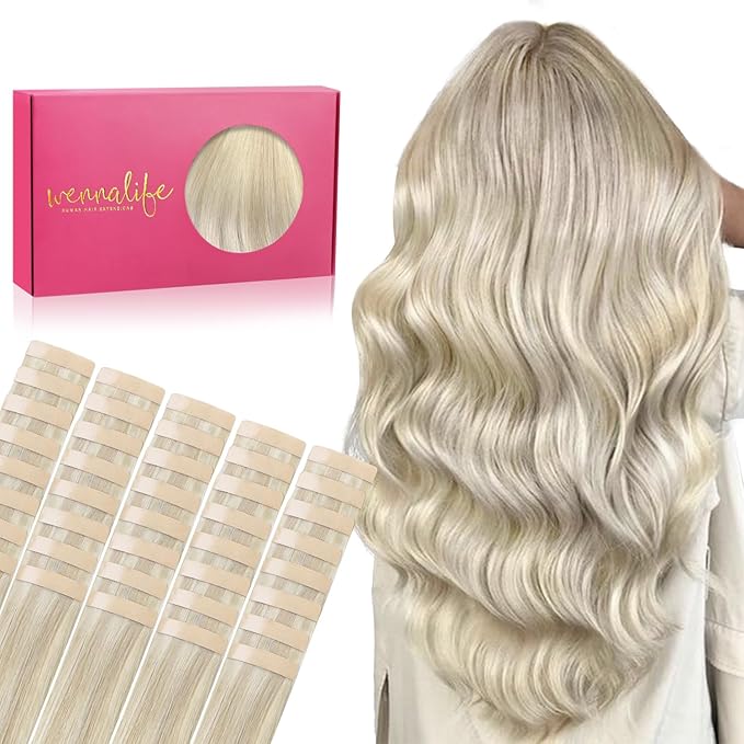 WENNALIFE Tape in Hair Extensions Human Hair, 40pcs 100g 22 inch Ash Blonde Highlighted Platinum Blonde Hair Extensions Real Human Hair Straight Tape in Extensions Invisible Human Hair Extensions