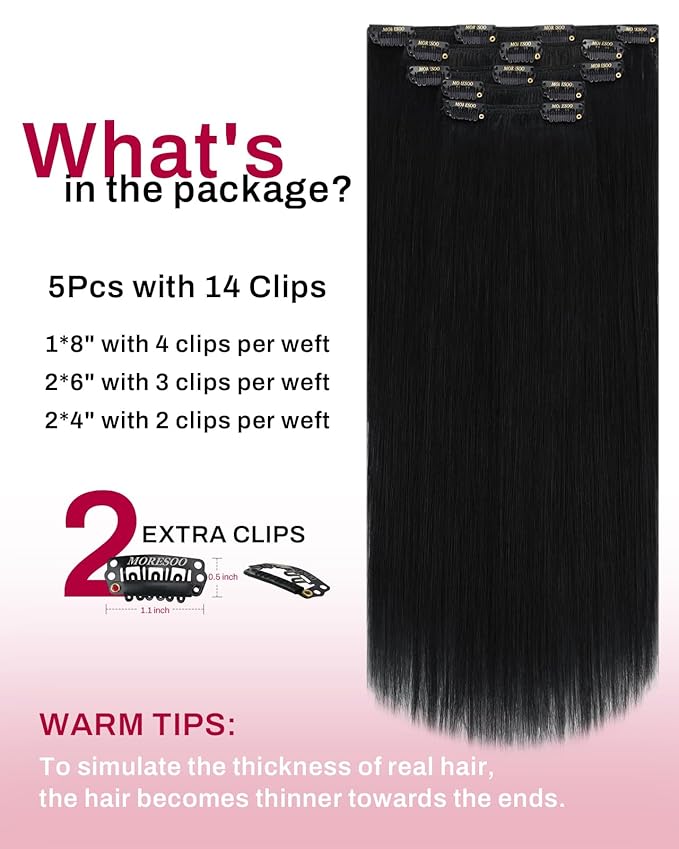 Moresoo Clip in Hair Extensions Real Human Hair Double Weft Human Hair Clip in Extensions Straight Jet Black #1 5pcs 80g 16inch