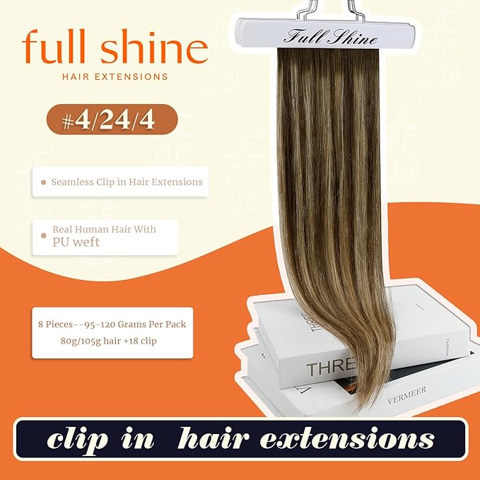 Full Shine Brown Balayage Seamless Clip in Hair Extensions Medium Brown Balayage with Honey Blonde Clip in Extensions for Women Straight Hair 20 Inch 120G 8 PCS