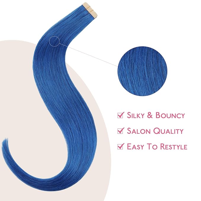 WENNALIFE Tape in Hair Extensions Human Hair Blue Tape in Extensions, 10pcs 25g 16 inch Remy Invisible Tape Ins Straight Colored Soft Real Human Hair Tape in Extensions Refill Set Extensions