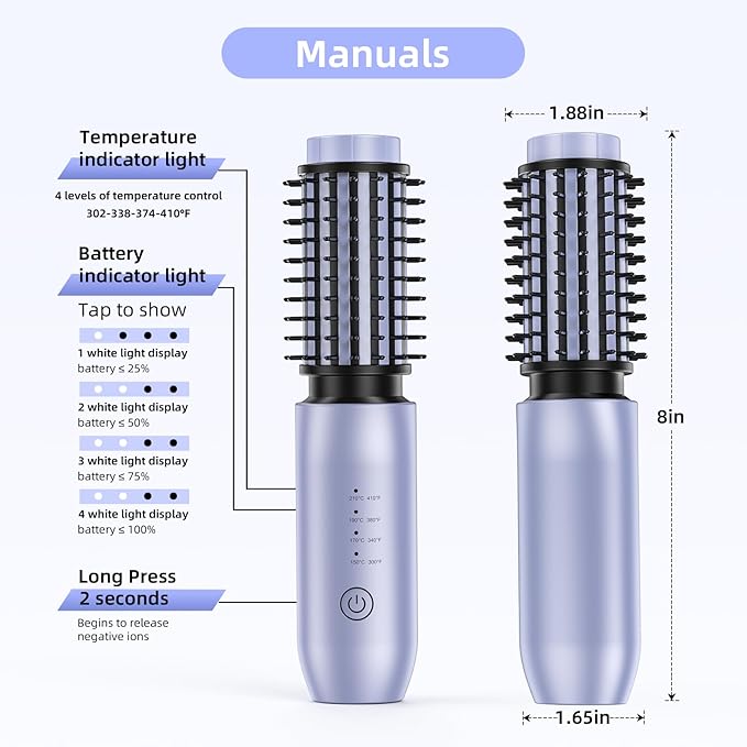 CARESKY® Cordless Curling Iron Brush, 1.5 Inch Mini Travel Hair Curler with 200 Million Negative Ions, Portable Heated Round Straightener Brush Rechargeable for Curl, Touch-Up, De-Frizz, Styling