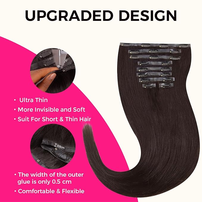 Lashey Seamless Clip in Hair Extensions Human Hair 130g 9pcs #2 Dark Brown Light Yaki Straight 14 Inch Clip in Hair Extensions Full Pack with Soft PU Invisi Edge