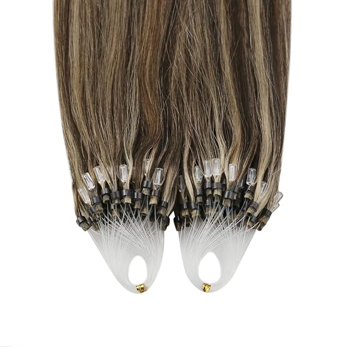 YoungSee Micro Loop Hair Extensions Real Human Hair Brown Highlight Micro Ring Hair Extensions Human Hair Highlight Dark Brown and Blonde Microbeaded Extension Human Hair Remy Hair 22In 50g 50s