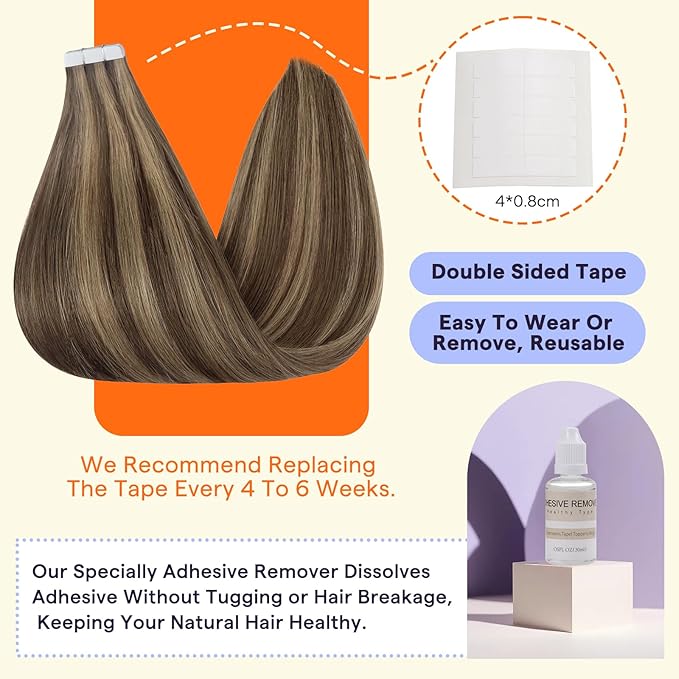 Full Shine Tape in Hair Extensions 20 Inch Hair Extensions Tape Ins Color 4 Medium Brown Highlight with 27 Honey Blonde Invisible 50Gram Human Hair Tape Extensions for Party 20Pcs