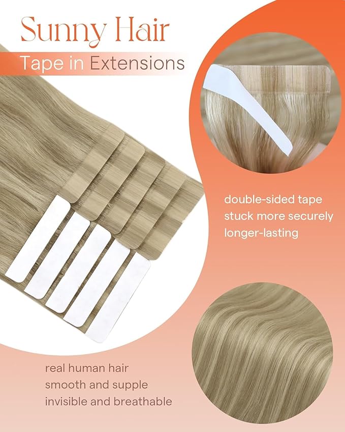 Sunny Hair Tape in Hair Extensions Real Human Hair Invisible Remy Hair Extensions Tape ins for Women Dark Honey Blonde Highlight Medium Blonde 14 inch 25G