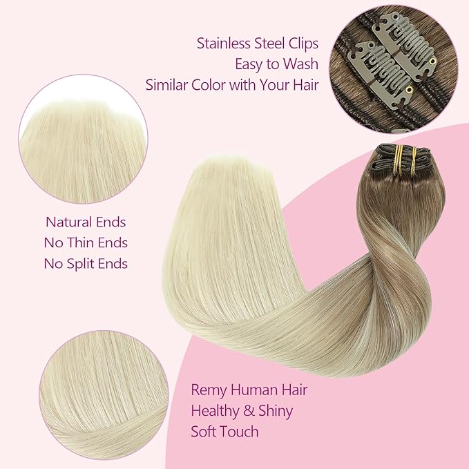 PINKPEARL Human Hair Clip in Hair Extensions 20inch #8T60 Ash Brown to Platinum Blonde Balayage Clip in Hair Extensions Real Human Hair 7pcs 120g Natural Remy Human Hair(#8T60-20)