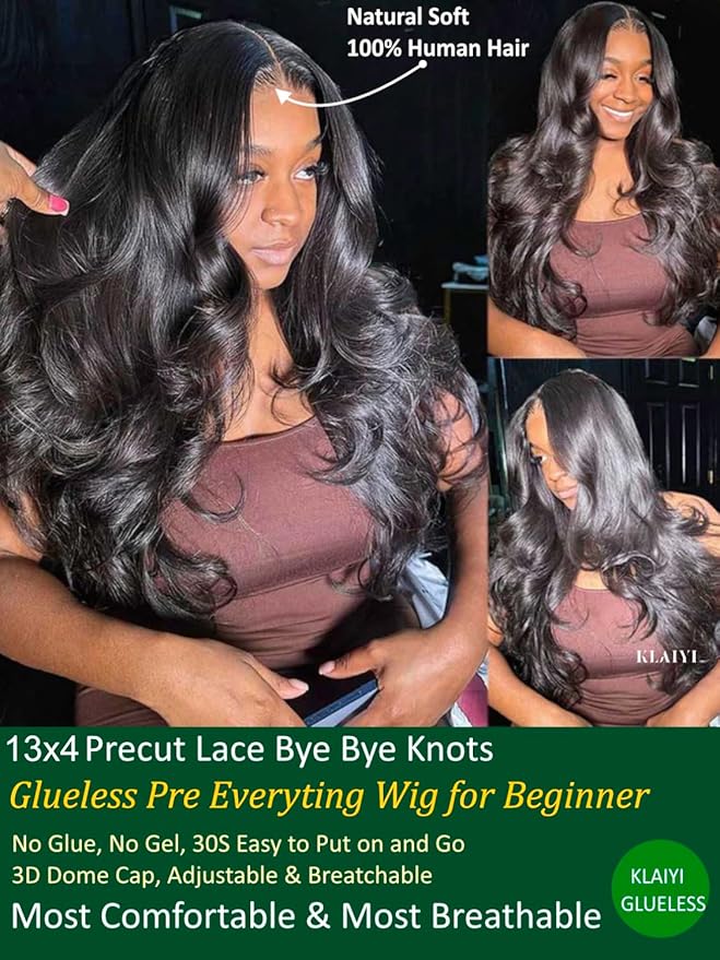 KLAIYI Wear And Go Glueless Wig Bye Bye Knots 13x4Precut Lace Front Wigs Human Hair Loose Body Wave Wig Pre Bleached Pre Everything Pre Plucked with Baby Hair 3S Ready to Wear Beginner Friendly 28Inch