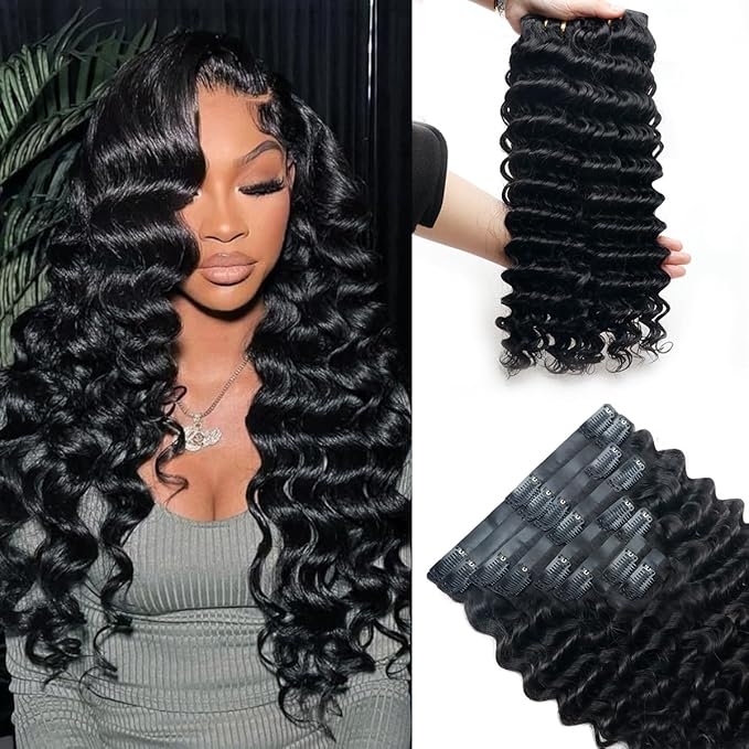 Deep Wave Clip in Hair Extensions Real Human Hair 2 Pack 240g Seamless Clip in Hair Extensions for Women Full Max with 16Pcs PU Thin Weft 22inch Natural Black