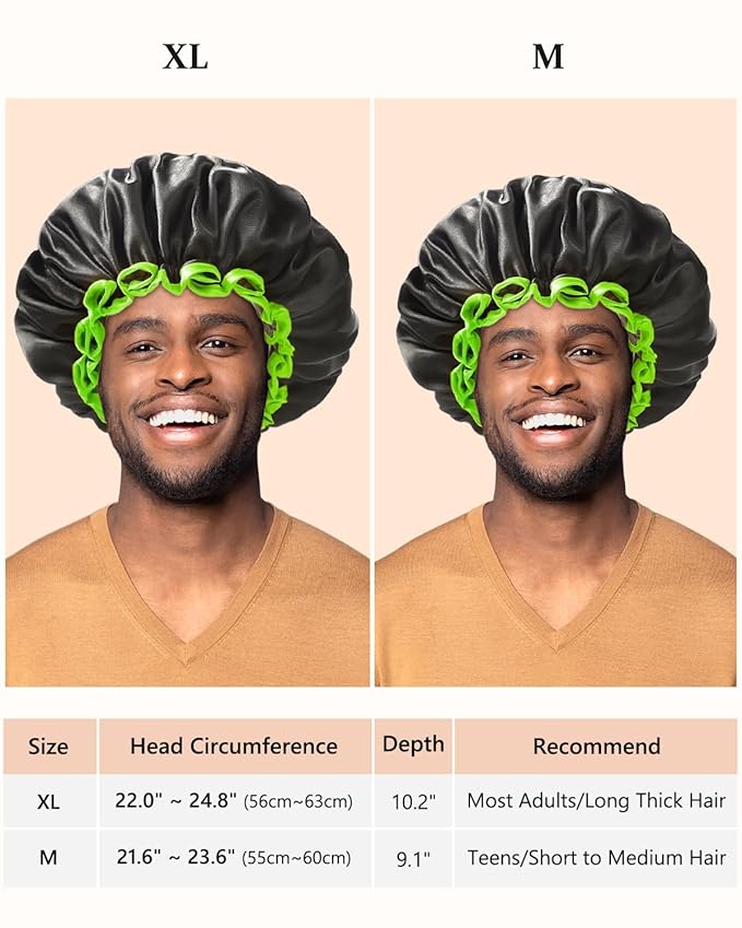 mikimini Extra Large Black Shower Caps Pack of 2 for Women and Men Thick Long Hair Braids, Reusable Waterproof Double Layers XL Bathing Hair Cap with Vibrant Green Edge (Black)