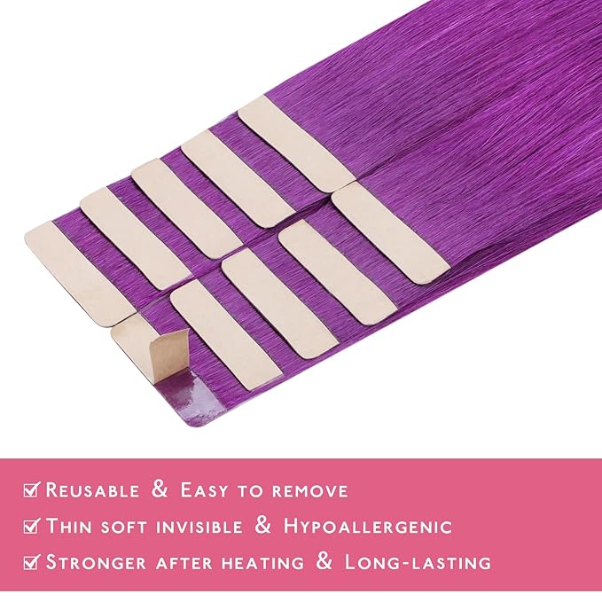 WENNALIFE Tape in Hair Extensions Human Hair Purple Tape in Extensions, 10pcs 30g 22 inch Remy Invisible Tape Ins Straight Colored Soft Real Human Hair Tape in Extensions Refill Set Extensions