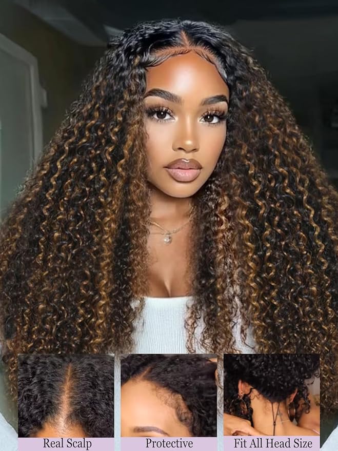 YIROO EasiContour V Part Ombre Brown Human Hair Wig Curly 12A Glueless Upgrade U Part Wig Ombre Black to Chestnut Brown No Leave Out V Shape Clip Wigs Ready to Go 150% Density Beginner Friendly 22Inch